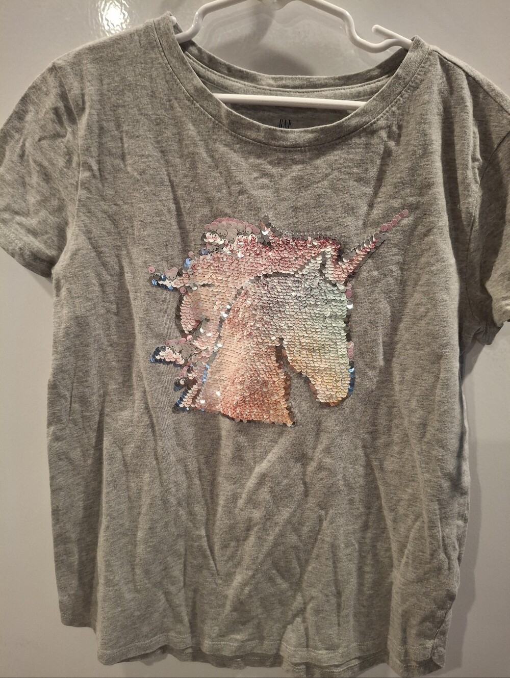 GAP Gray Tee with Pastel Sequin Unicorn